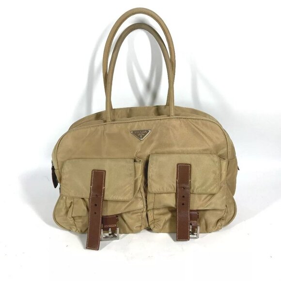 PRADA triangle logo plate Hand Bag Shoulder Bag Nylon Beige - Picture 1 of 16
